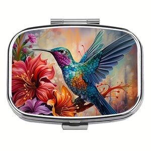 Hummingbird Flower Garden Whimsical Multi-Use Mirrored Pill Box Container